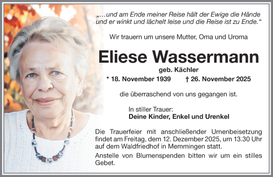 Traueranzeige von Eliese Wassermann von Memminger Zeitung