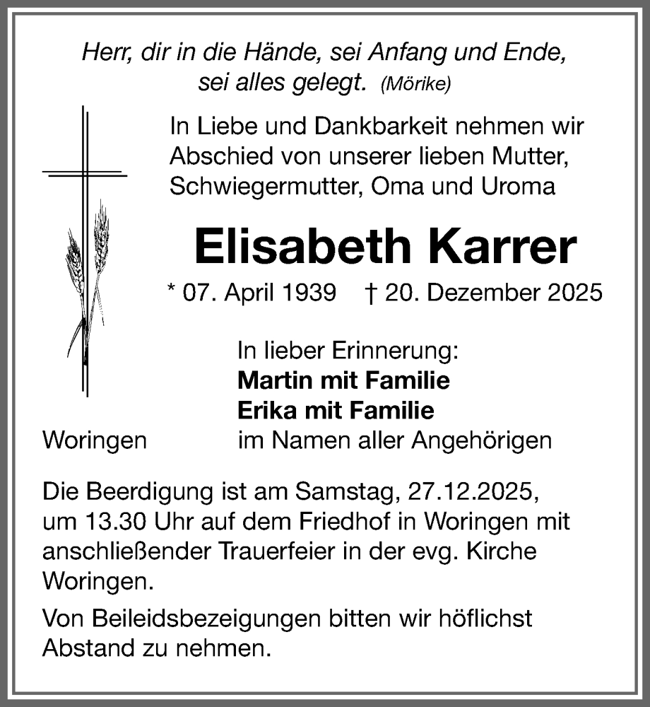  Traueranzeige für Elisabeth Karrer vom 24.12.2025 aus Memminger Zeitung