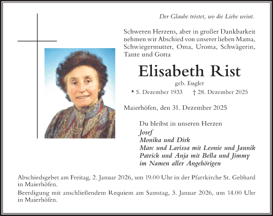 Traueranzeige von Elisabeth Rist von Der Westallgäuer