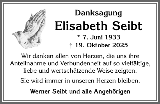 Traueranzeige von Elisabeth Seibt von Allgäuer Zeitung, Kaufbeuren/Buchloe