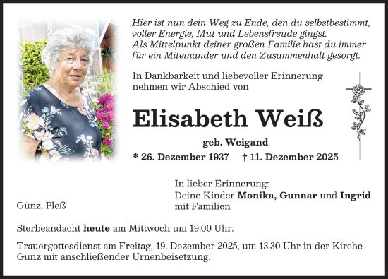 Traueranzeige von Elisabeth Weiß von Memminger Zeitung