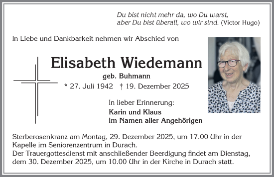 Traueranzeige von Elisabeth Wiedemann von Allgäuer Zeitung,Kempten