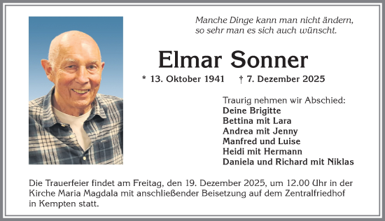 Traueranzeige von Elmar Sonner von Allgäuer Zeitung,Kempten