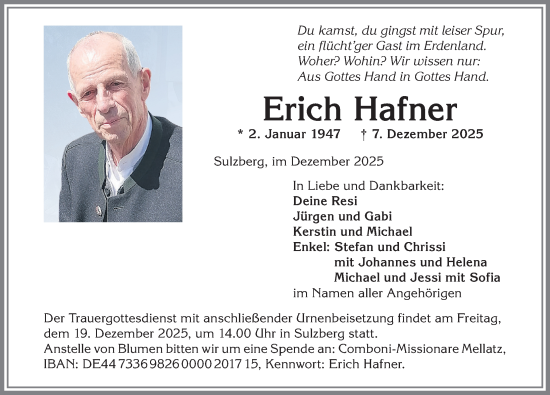Traueranzeige von Erich Hafner von Allgäuer Zeitung,Kempten