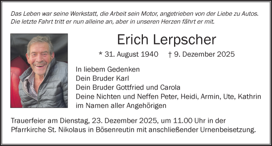Traueranzeige von Erich Lerpscher von Der Westallgäuer