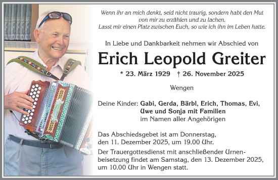 Traueranzeige von Erich Leopold Greiter von Allgäuer Zeitung,Kempten