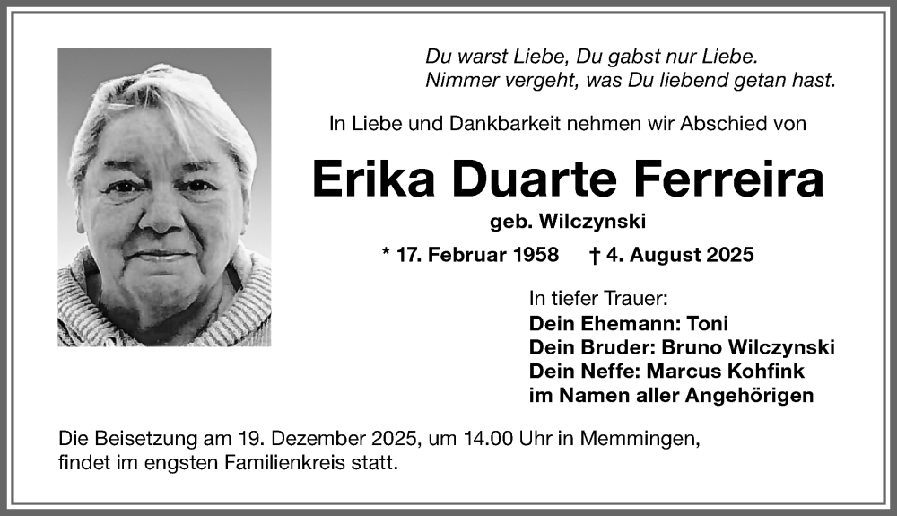  Traueranzeige für Erika Duarte Ferreira vom 17.12.2025 aus Memminger Zeitung