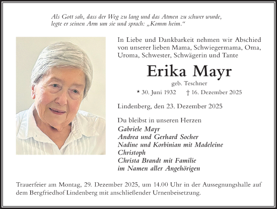 Traueranzeige von Erika Mayr von Der Westallgäuer