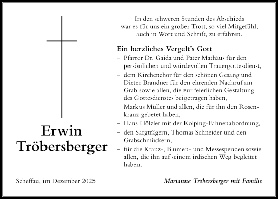 Traueranzeige von Erwin Tröbersberger von Der Westallgäuer