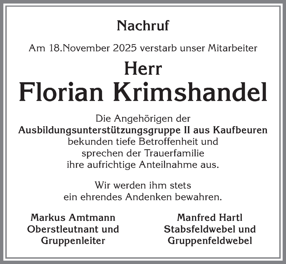  Traueranzeige für Florian Krimshandel vom 06.12.2025 aus Allgäuer Zeitung, Kaufbeuren/Buchloe