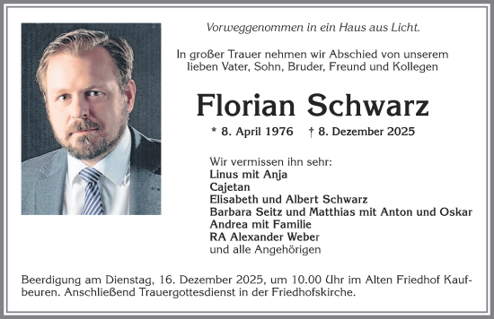 Traueranzeige von Florian Schwarz von Allgäuer Zeitung, Kaufbeuren/Buchloe