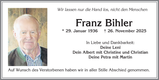 Traueranzeige von Franz Bihler von Allgäuer Zeitung, Kaufbeuren/Buchloe