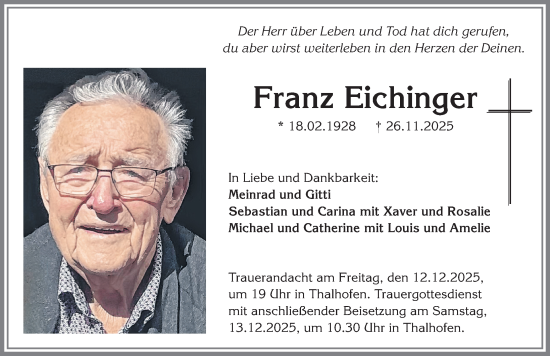 Traueranzeige von Franz Eichinger von Allgäuer Zeitung, Marktoberdorf
