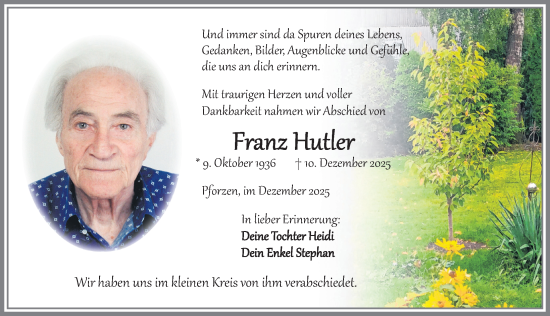 Traueranzeige von Franz Hutler von Allgäuer Zeitung, Kaufbeuren/Buchloe