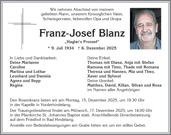 Traueranzeige von Franz-Josef Blanz von Allgäuer Anzeigeblatt