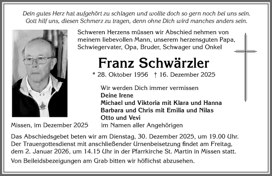 Traueranzeige von Franz Schwärzler von Allgäuer Anzeigeblatt