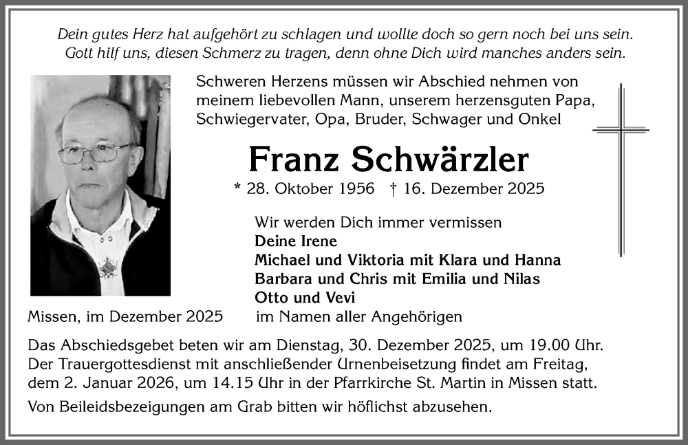  Traueranzeige für Franz Schwärzler vom 27.12.2025 aus Allgäuer Anzeigeblatt