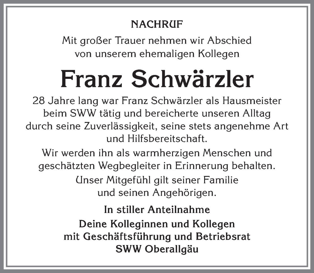  Traueranzeige für Franz Schwärzler vom 27.12.2025 aus Allgäuer Anzeigeblatt