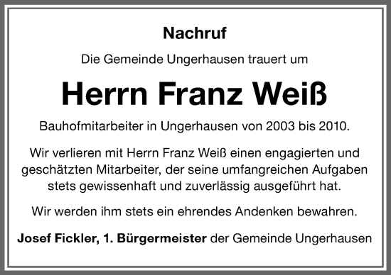 Traueranzeige von Franz Weiß von Memminger Zeitung