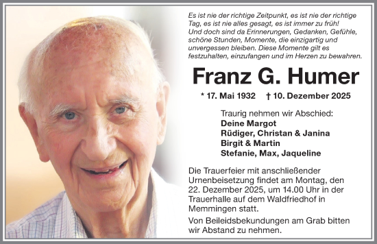 Traueranzeige von Franz G. Humer von Memminger Zeitung