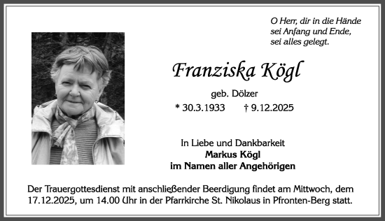 Traueranzeige von Franziska Kögl von Allgäuer Zeitung, Füssen
