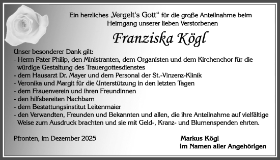 Traueranzeige von Franziska Kögl von Allgäuer Zeitung, Füssen