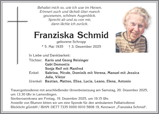 Traueranzeige von Franziska Schmid von Allgäuer Zeitung, Kaufbeuren/Buchloe