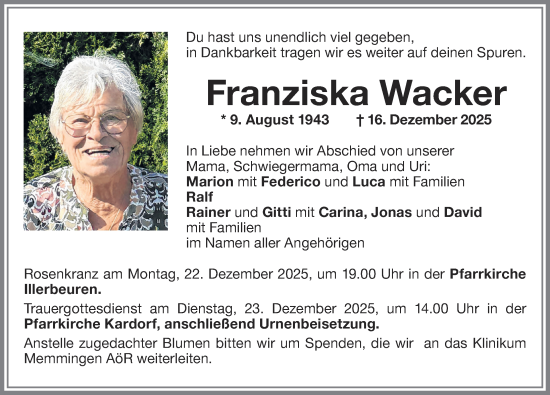 Traueranzeige von Franziska Wacker von Memminger Zeitung