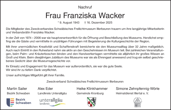 Traueranzeige von Franziska Wacker von Memminger Zeitung