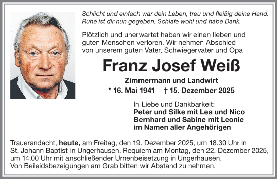 Traueranzeige von Franz Josef Weiß von Memminger Zeitung