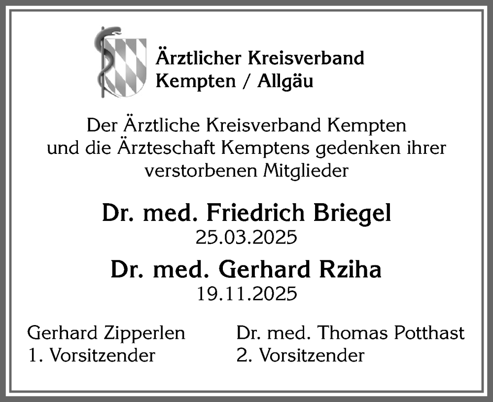  Traueranzeige für Friedrich Briegel vom 31.12.2025 aus Allgäuer Zeitung,Kempten