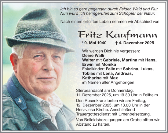 Traueranzeige von Fritz Kaufmann von Memminger Zeitung