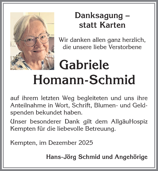 Traueranzeige von Gabriele Homann-Schmid von Allgäuer Zeitung,Kempten