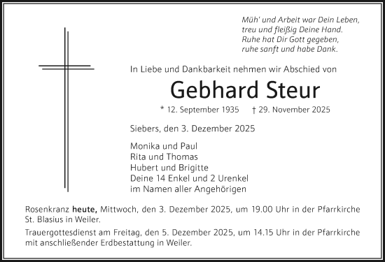 Traueranzeige von Gebhard Steur von Der Westallgäuer