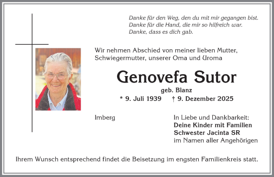 Traueranzeige von Genovefa Sutor von Allgäuer Anzeigeblatt