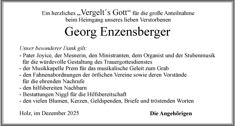  Traueranzeige für Georg Enzensberger vom 19.12.2025 aus Allgäuer Zeitung, Füssen