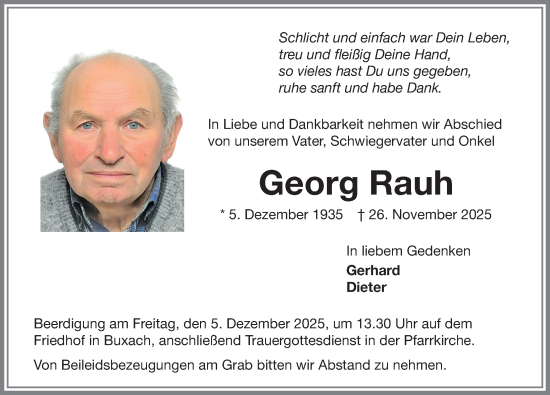 Traueranzeige von Georg Rauh von Memminger Zeitung