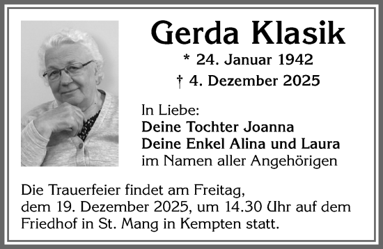 Traueranzeige von Gerda Klasik von Allgäuer Zeitung,Kempten