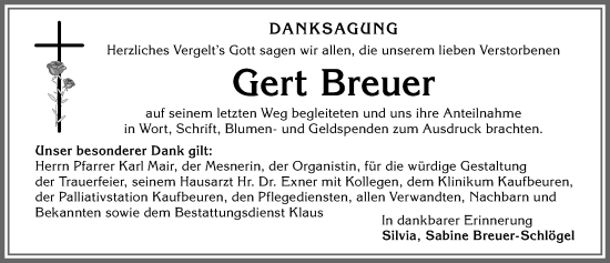 Traueranzeige von Gert Breuer von Allgäuer Zeitung, Marktoberdorf
