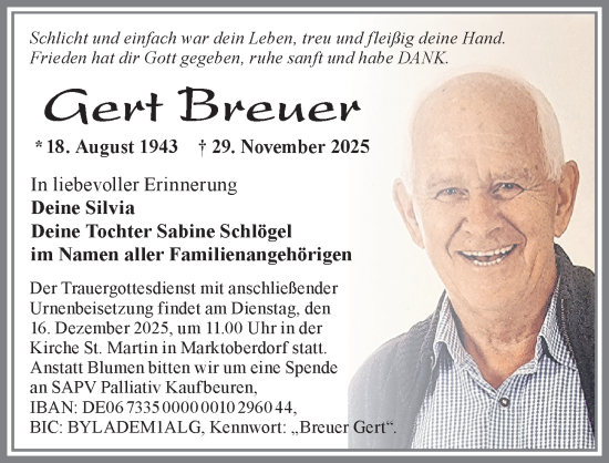 Traueranzeige von Gert Breuer von Allgäuer Zeitung, Marktoberdorf
