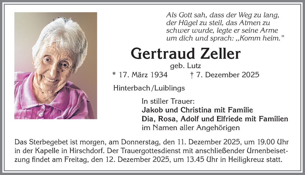  Traueranzeige für Gertraud Zeller vom 10.12.2025 aus Allgäuer Zeitung,Kempten