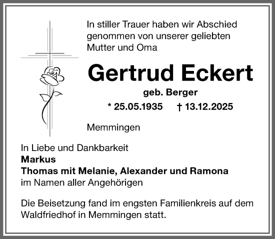 Traueranzeige von Gertrud Eckert von Memminger Zeitung