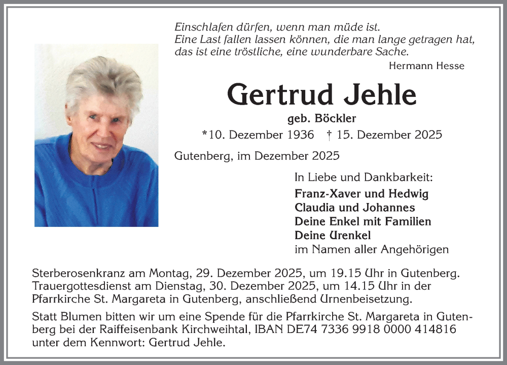  Traueranzeige für Gertrud Jehle vom 27.12.2025 aus Allgäuer Zeitung, Kaufbeuren/Buchloe