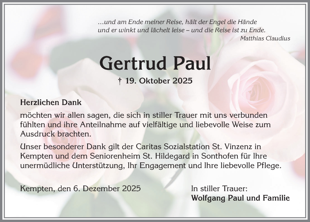  Traueranzeige für Gertrud Paul vom 06.12.2025 aus Allgäuer Anzeigeblatt