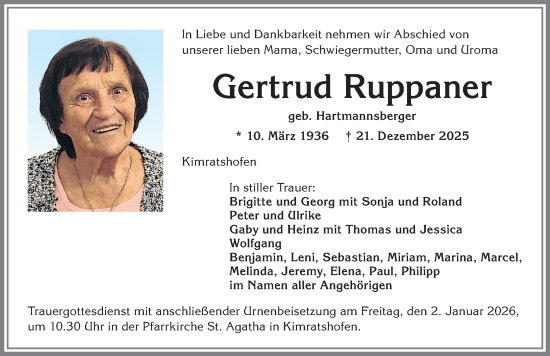 Traueranzeige von Gertrud Ruppaner von Allgäuer Zeitung,Kempten