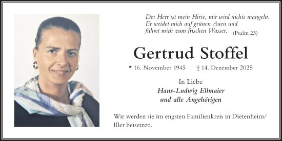 Traueranzeige von Gertrud Stoffel von Der Westallgäuer