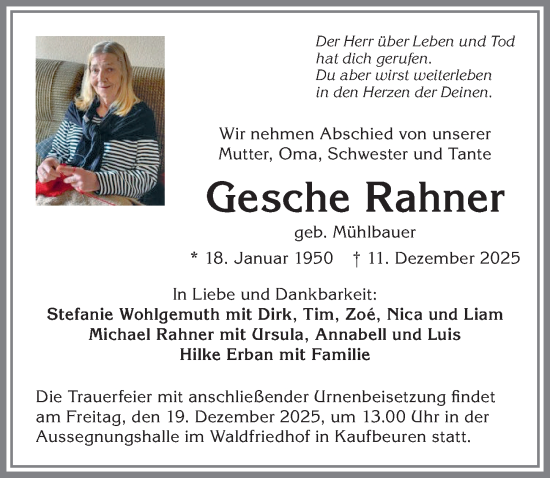 Traueranzeige von Gesche Rahner von Allgäuer Zeitung, Kaufbeuren/Buchloe