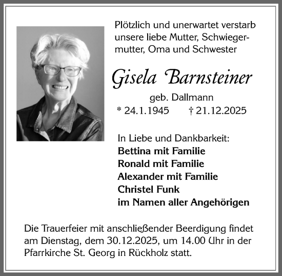 Traueranzeige von Gisela Barnsteiner von Allgäuer Zeitung, Füssen