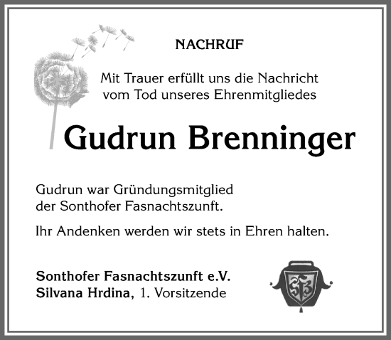 Traueranzeige von Gudrun Brenninger von Allgäuer Anzeigeblatt
