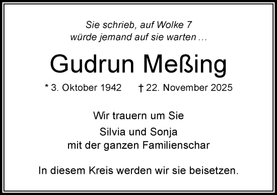 Traueranzeige von Gudrun Meßing von Der Westallgäuer